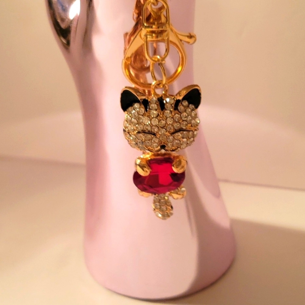 Gold Cat Keychain with Red Gem or Purse Charm.